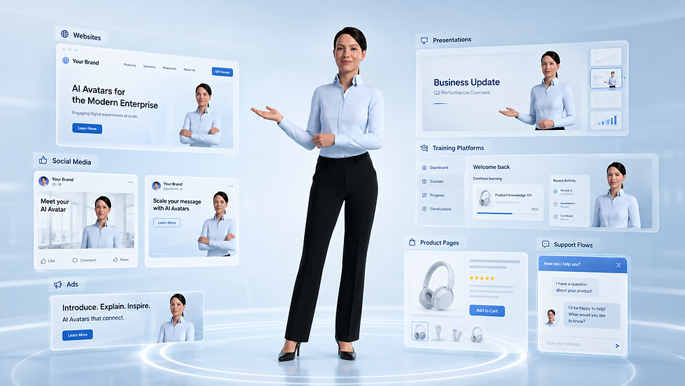 AI avatar presenter surrounded by previews of websites, social media, ads, training platforms, and customer support interfaces.