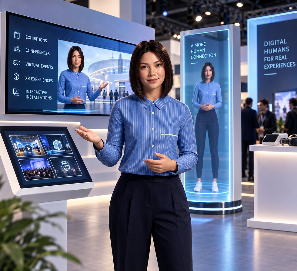 AI avatar presenter featured across an interactive exhibition booth with digital displays, touch kiosks, virtual events, and immersive XR experiences.