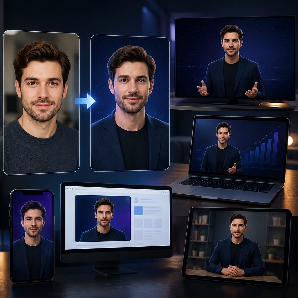 Woman’s smartphone portrait transforming into a custom AI avatar displayed on a monitor and laptop.