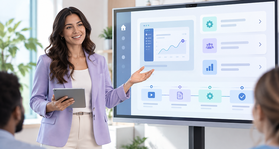 Trainer holding a tablet and explaining product features and workflows on a large digital display.