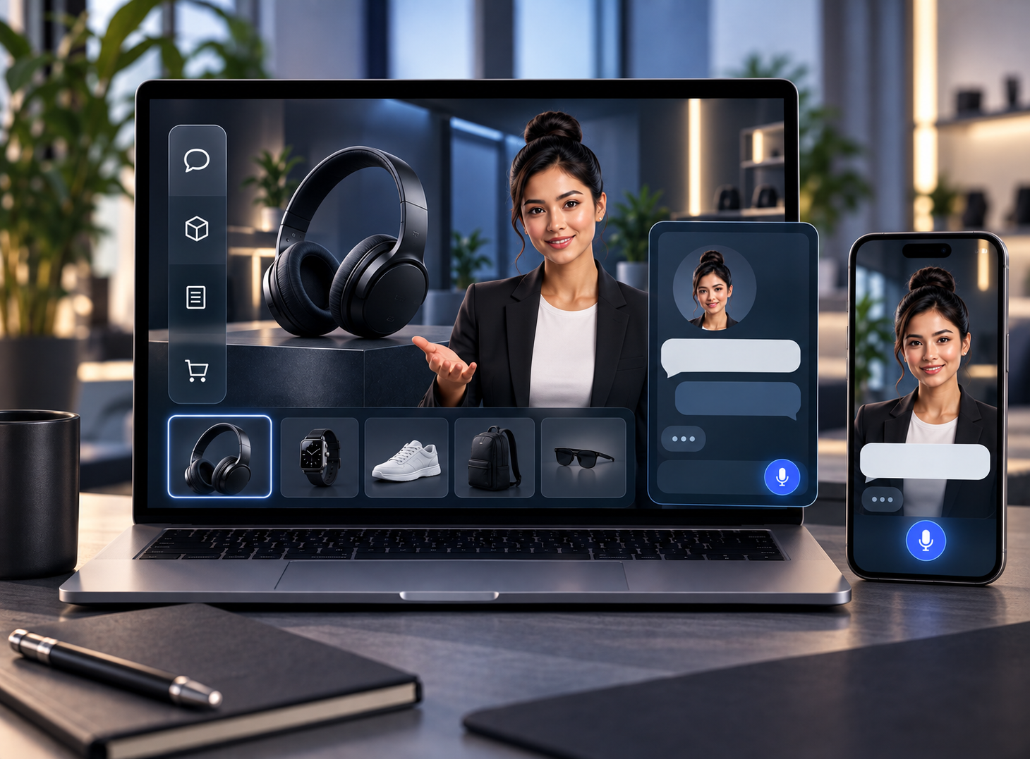 AI avatar website assistant helping visitors answer questions, understand products, access support, and navigate a digital storefront across desktop and mobile.