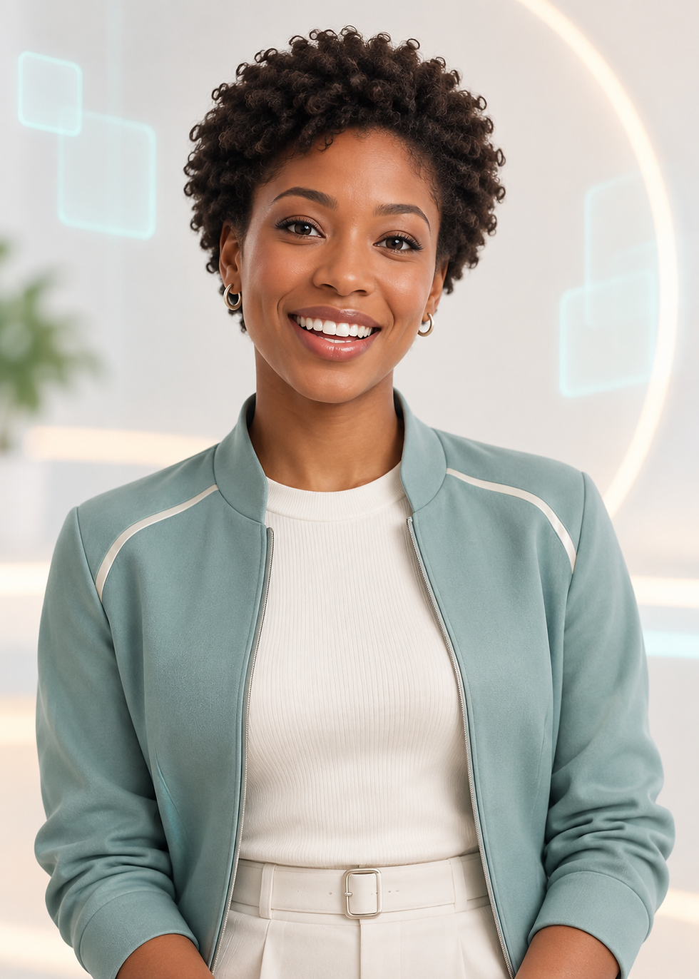Smiling female AI guide with short curly hair and a teal jacket against a softly lit, futuristic background.
