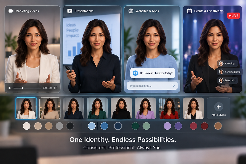 Reusable personal AI avatar shown across marketing videos, presentations, websites, apps, and live events with consistent appearance and identity.