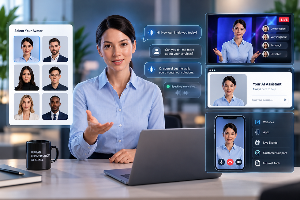 AI avatar providing real-time voice and text interaction across websites, apps, live events, customer support, and internal tools.