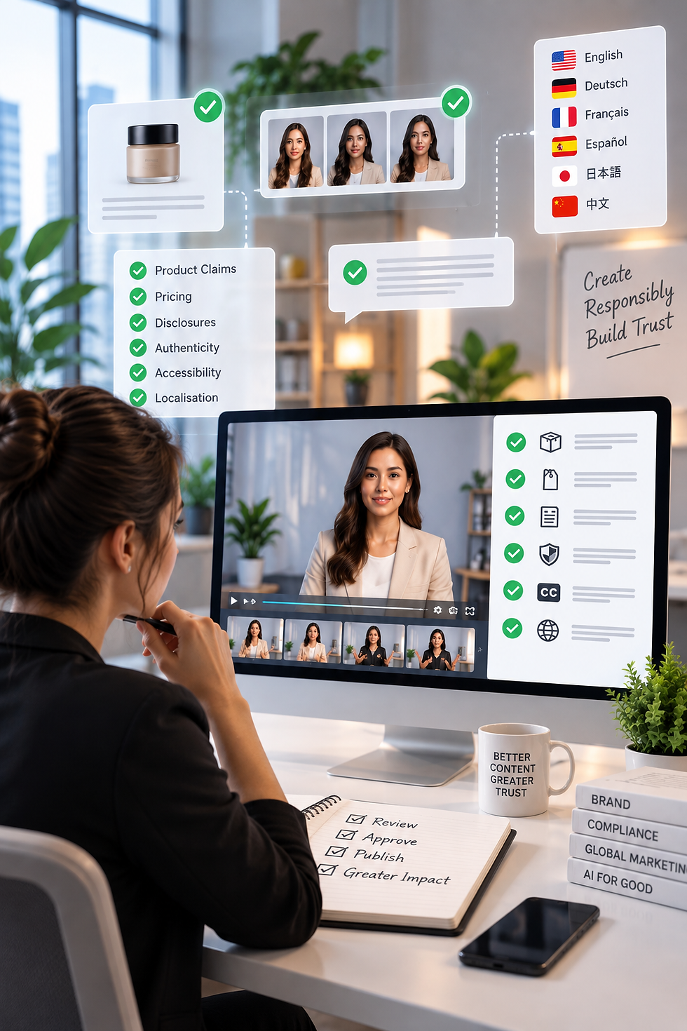 Woman reviewing an AI avatar video with checklists for product claims, disclosures, accessibility, and localization.