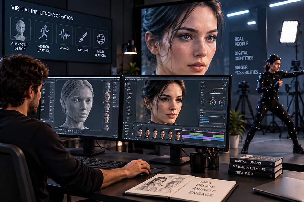 Virtual influencer creation workflow showing digital character design, facial animation, motion capture, AI voice, and 3D avatar production.