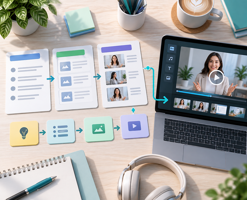 Outline and storyboard cards connected by arrows to an AI avatar video preview on a laptop.