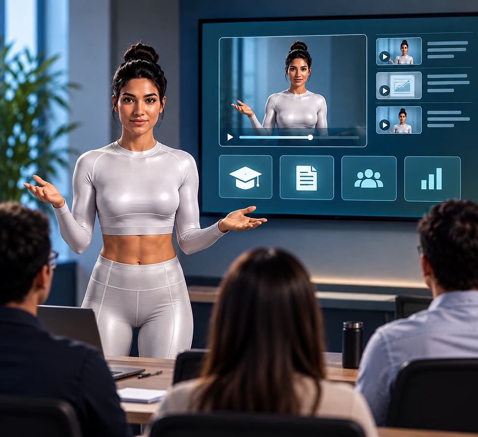 AI avatar instructor delivering a training session with digital learning content, reusable lessons, onboarding materials, and guided knowledge-sharing resources.