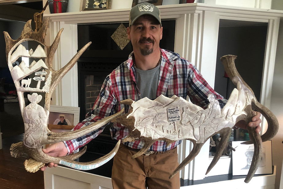 Nates story carved on a moose antler, moose antler carving, brown gold, handmade, unique, custom carving, 