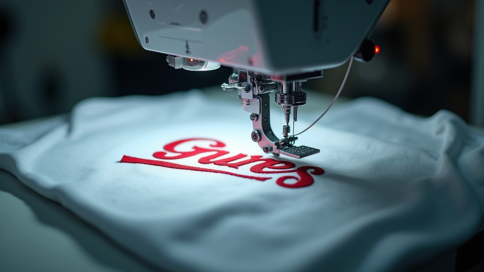 Close-up view of embroidery machine stitching a logo on a t-shirt