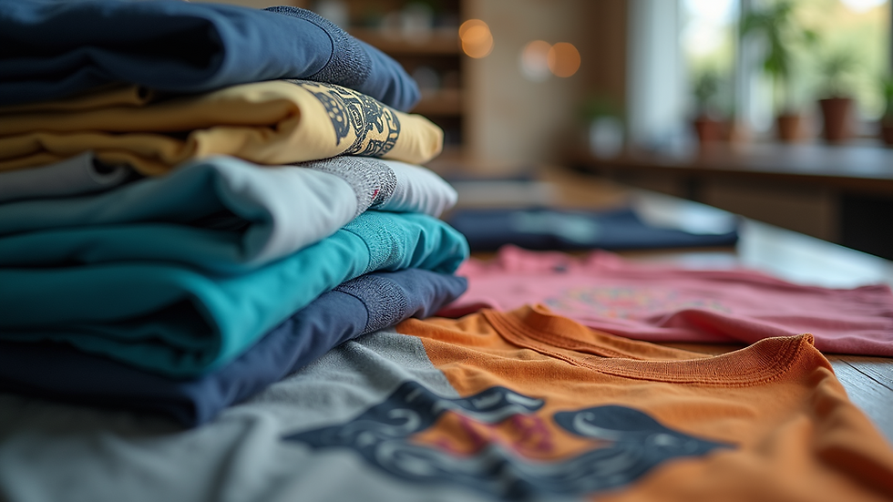 Close-up view of printed custom t-shirts stacked on a table