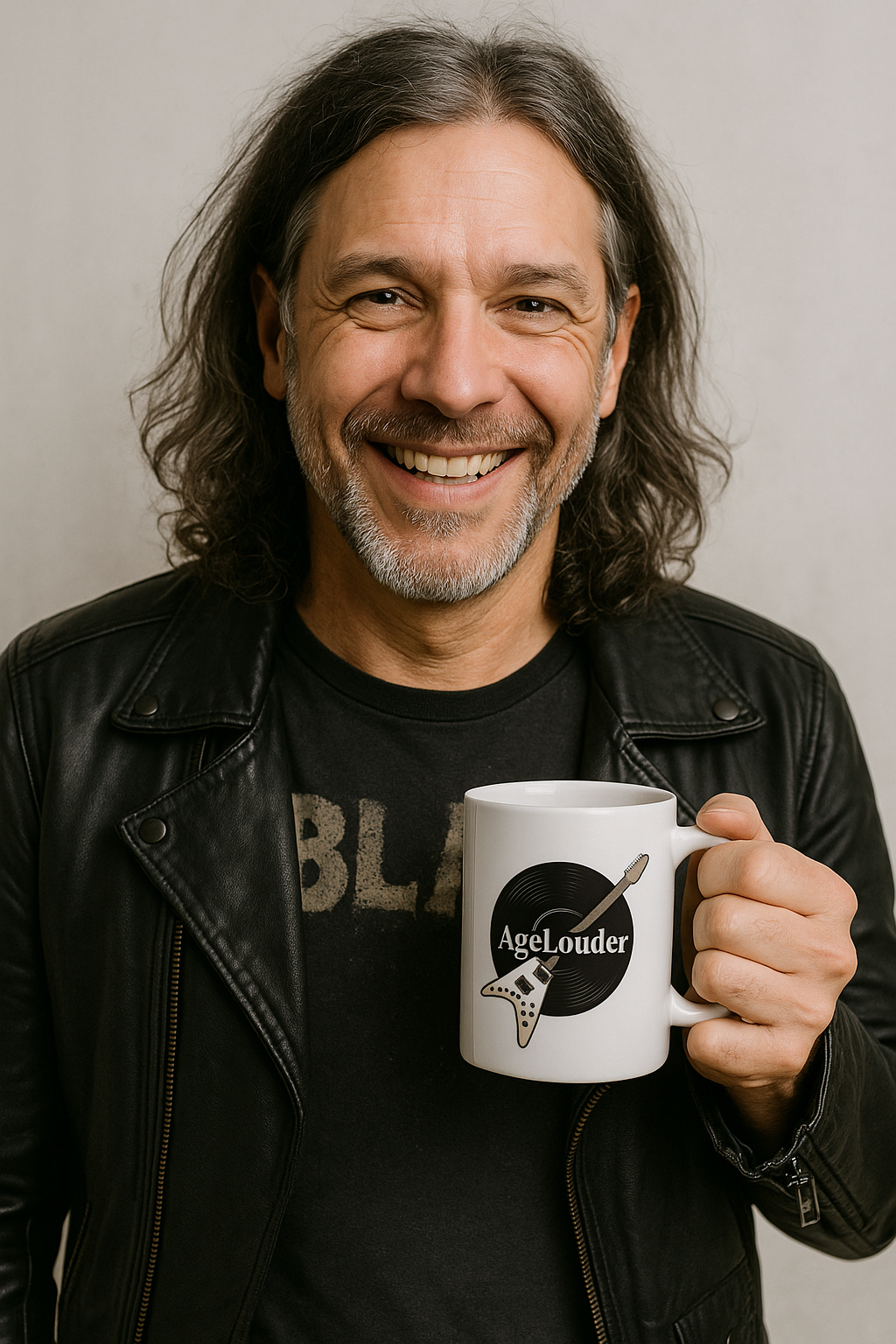 Smiling rocker holding AgeLouder mug – rare Ozzy Osbourne inspired design
