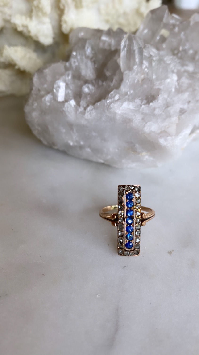 Thumbnail: Antique Rectangular Sapphire and Diamond Halo Ring