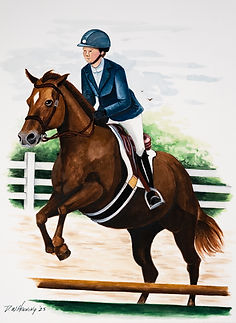Young rider jumping a horse over a fence, equestrian sport scene.