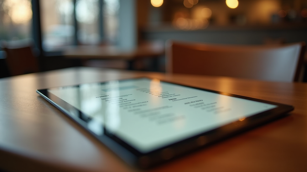 Vista dall'alto di un tablet con menu digitale aperto su un tavolo di ristorante