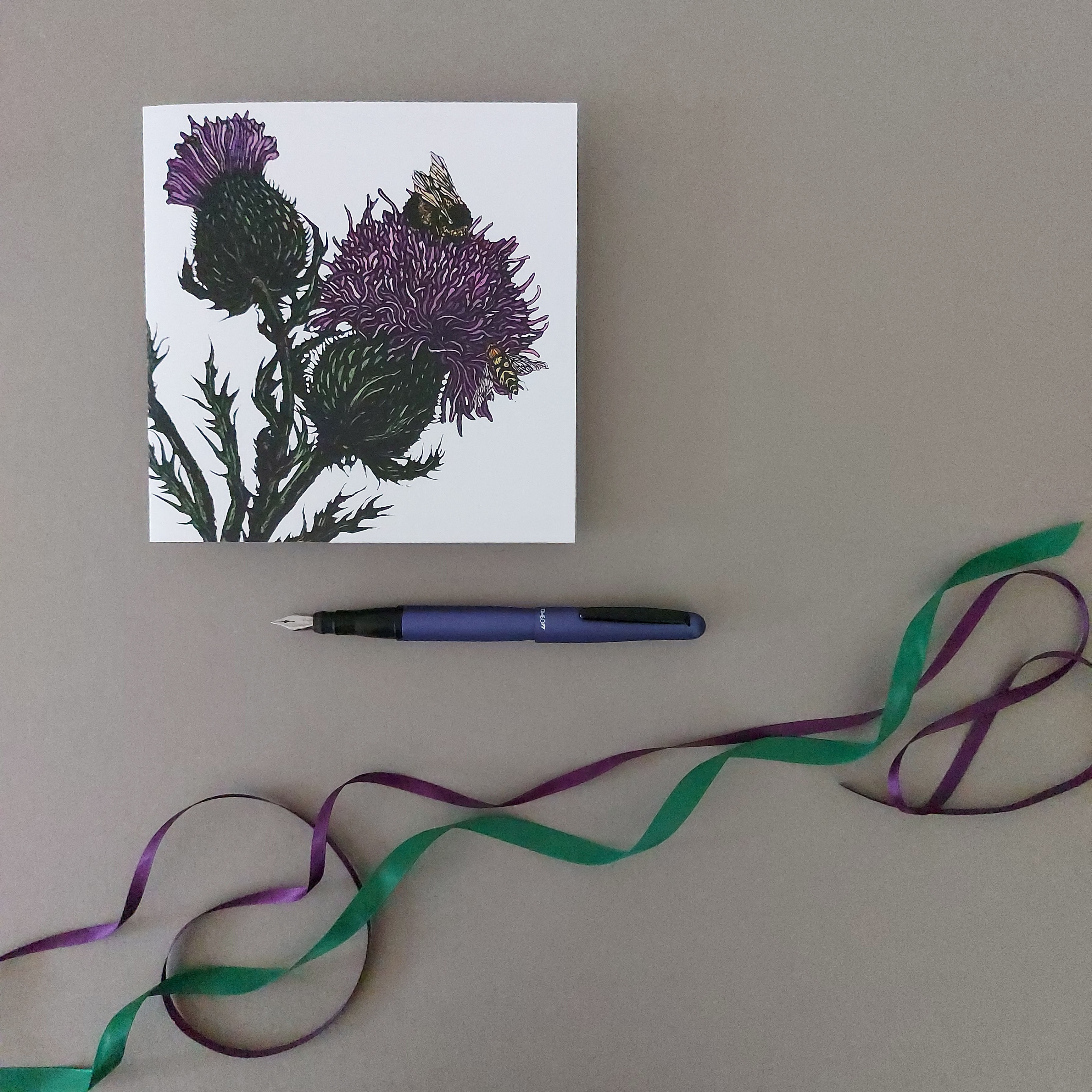 Thistle and Bees Blank Floral Greeting Card