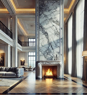 quartz fireplace surround with book-matched design