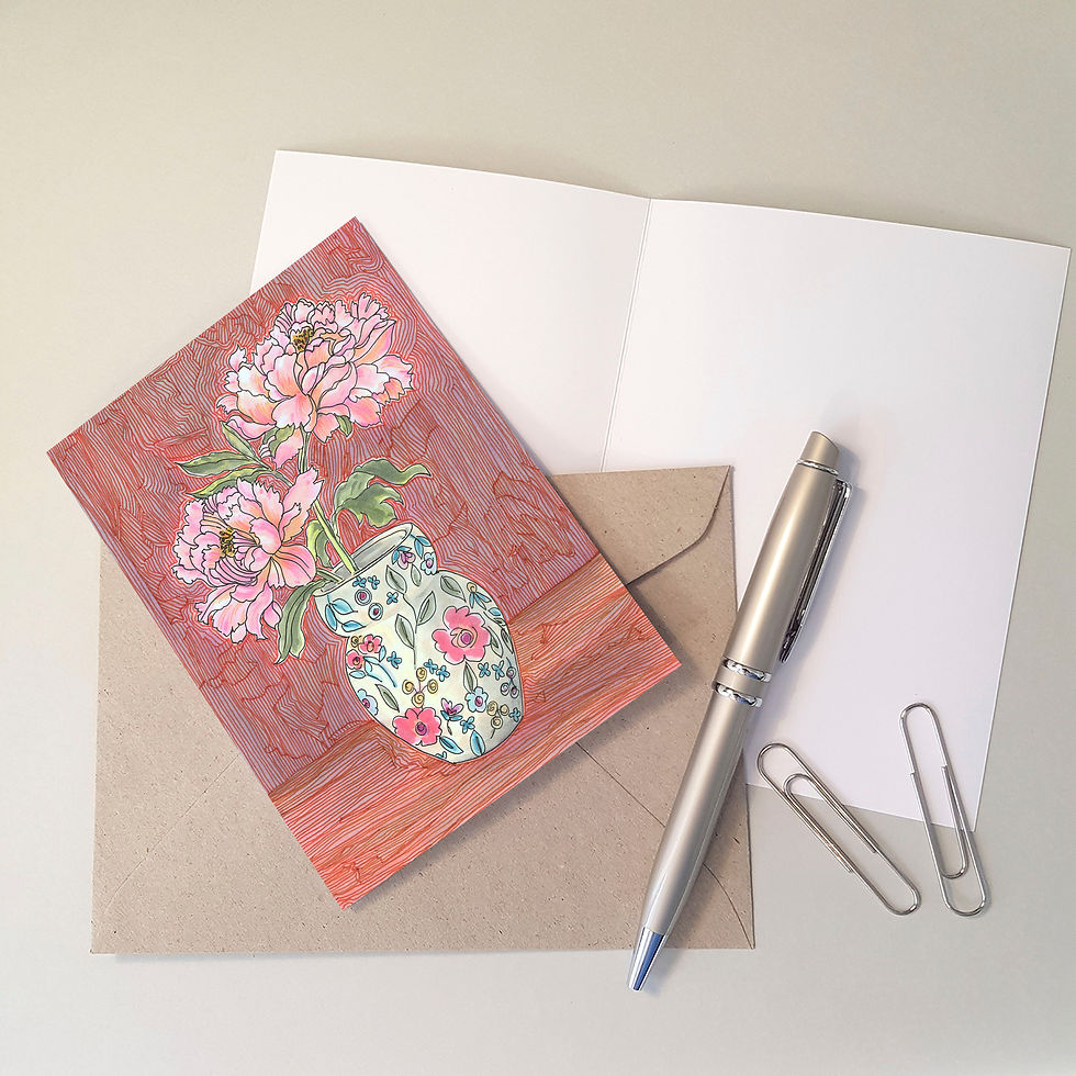 Thumbnail: Flowers Illustration in a vase greeting card front and inside blank, with envelope and penview