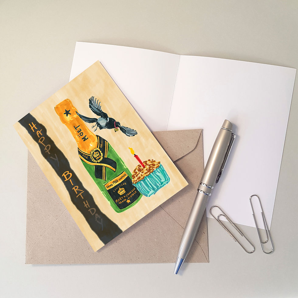 Thumbnail: Moet, Magpie Greeting Card Front and Blank Inside View with Envelope