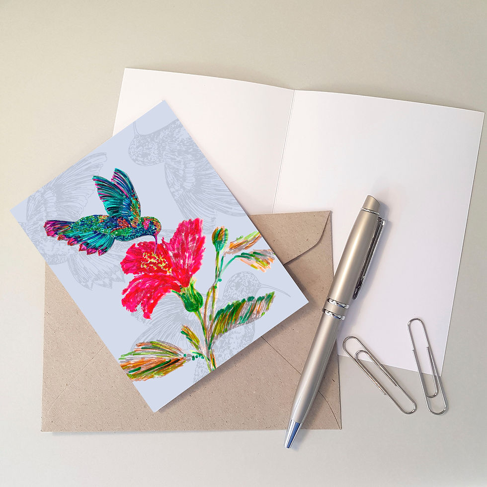 Thumbnail: Hummingbird and Pink Flower Greeting Card front and inside view with pen