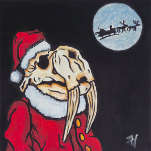 A walrus-skulled figure in a heavy red winter coat and hat associated with a seasonal celebration.