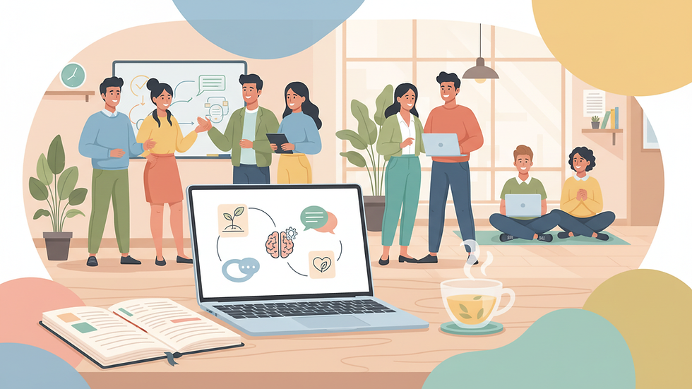 Eye-level view of a laptop on a desk with a notebook and a cup of tea