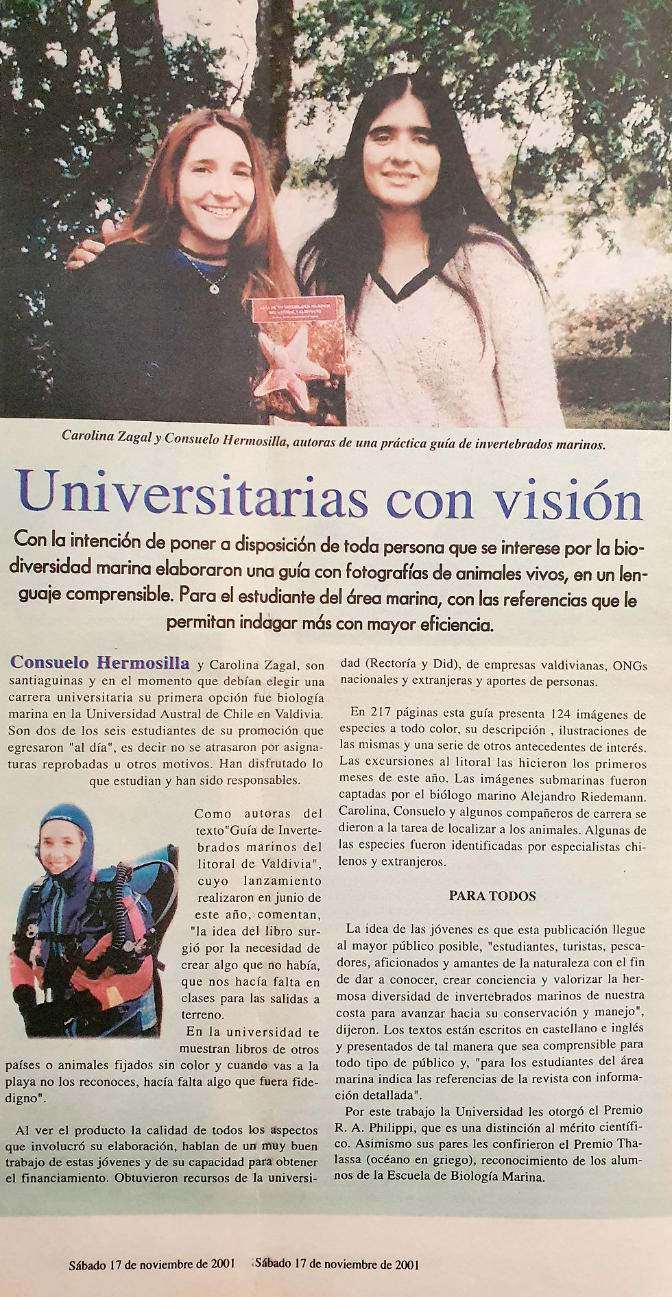Diario Austral de Valdivia: Universitarias con visión Carolina J. Zagal y Consuelo Hermosilla Invertebrados marinos del litoral Valdiviano