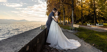 Wide view of the newlyweds by Lake Geneva