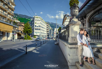 Couple portrait in Montreux – An intimate moment captured against the mountains.