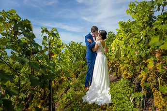The couple embracing between the vines