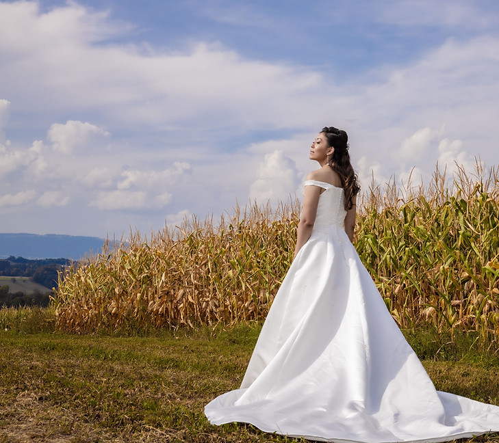 Mariée de dos dans un champ, la traîne étalée dans l'herbe