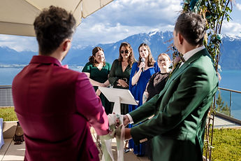 Loved ones at the microphone, seen from behind the grooms