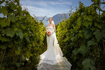 The bride from the front, her train spread out between the vines