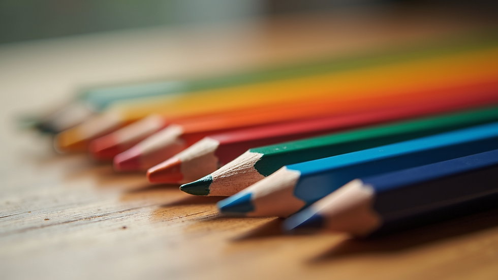 Close-up of a set of coloured pencils arranged neatly on a wooden table