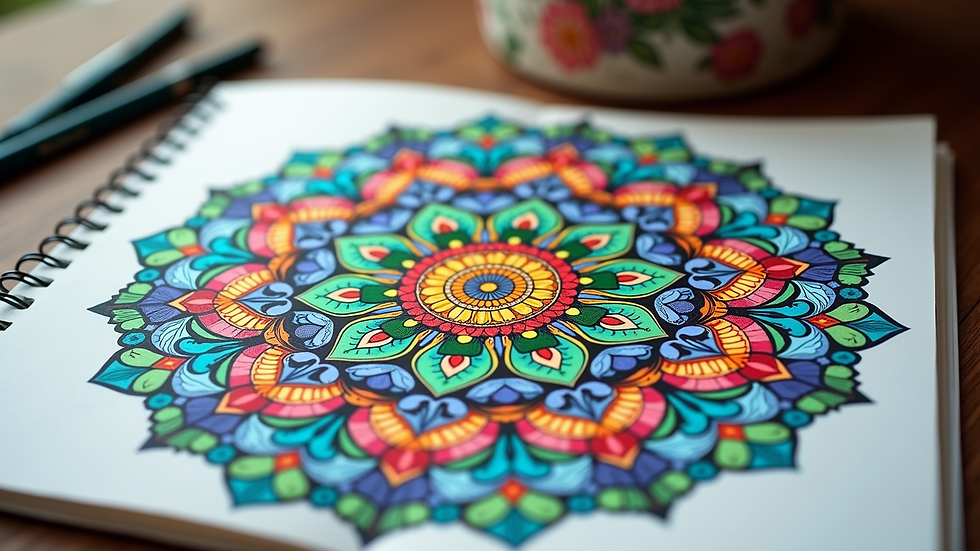 High angle view of a detailed mandala colouring page with vibrant colours