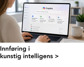 Laptop med Microsoft Copilot på skjermen i et moderne arbeidsmiljø, brukt som illustrasjon til emnet «Innføring i kunstig intelligens».
