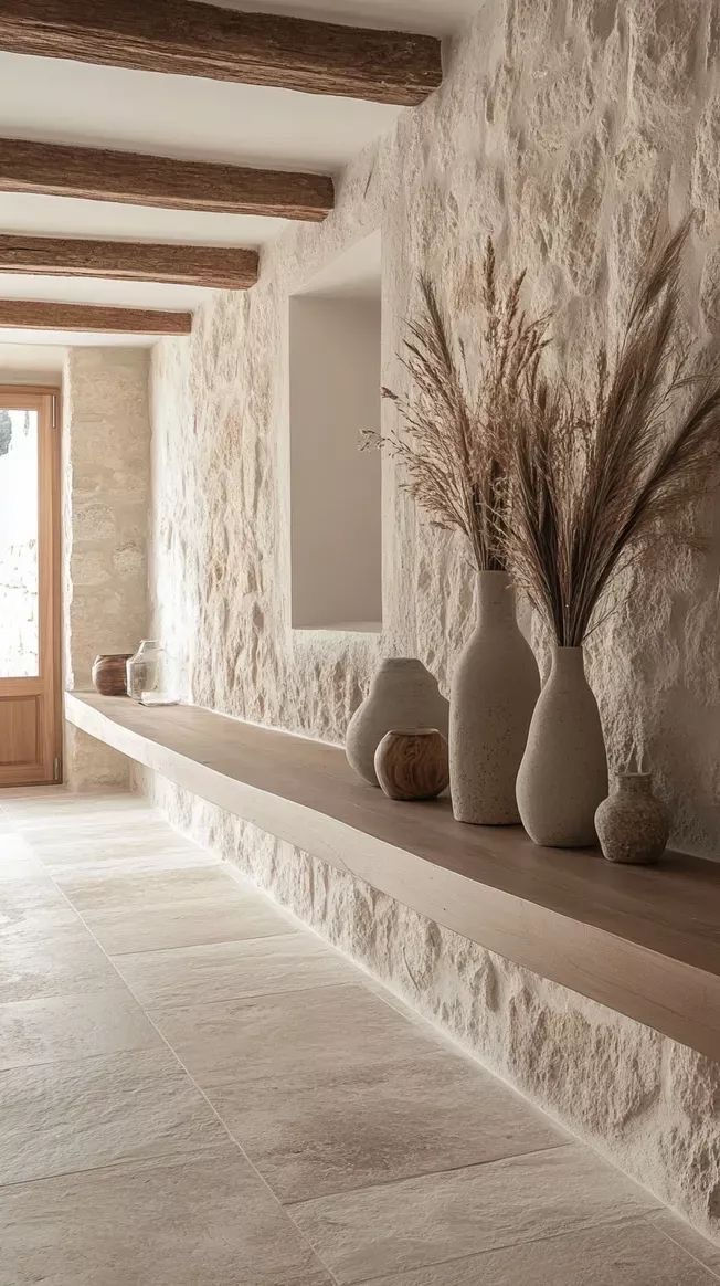 Old-World Texture That Still Feels Fresh
Rough stone walls, warm wood beams, and simple styling—this is old-world cozy in the best way. The neutral pottery and dried stems keep the palette grounded and calm, while still giving the space personality. It’s simple, warm, and not trying too hard.
Neutrals don’t have to be boring—when you mix warm tones with natural textures, the whole space ends up feeling layered, cozy, and really intentional.