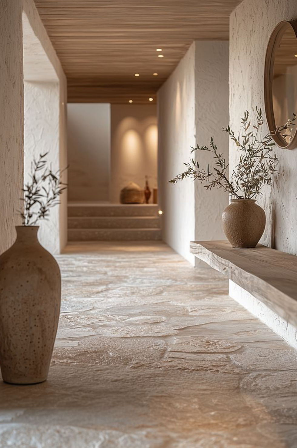 That Calm, Collected Entryway Feel
This space is basically a deep breath. Soft plaster walls, warm wood ceiling, and stone flooring all stay in the same earthy family, so it feels cohesive and peaceful. The simple styling (bench + pottery + branches) is what makes it feel elevated—nothing cluttered, just intentional texture.