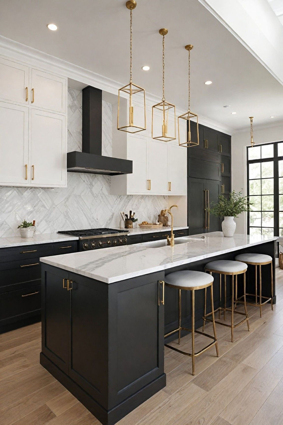 Black + White + Brass, Done Right
Moody black lowers, bright white uppers, and brass accents that make it feel instantly custom. The herringbone backsplash adds texture without stealing the show.