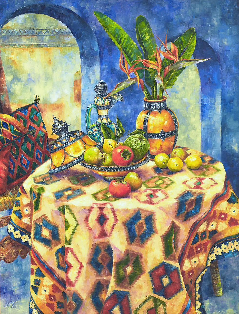 135  'KILIM & TAGINE WITH BIRD OF PARADISE' WBH 85X65CM_edited.jpg