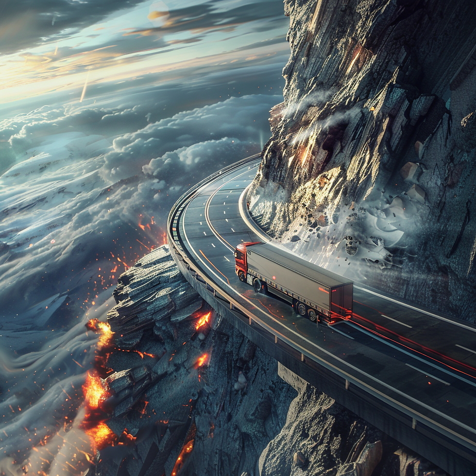 A truck speeding on a curve above a cliff