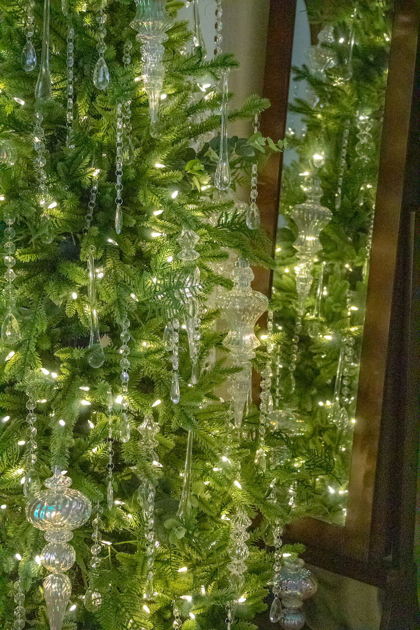 Close-up of chandelier crystals repurposed as Christmas tree decorations