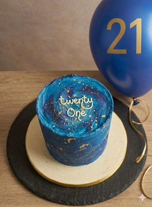 Thumbnail: Navy blue Marble Splash cake with hand-applied 24k gold splashes and 21 balloon topper.