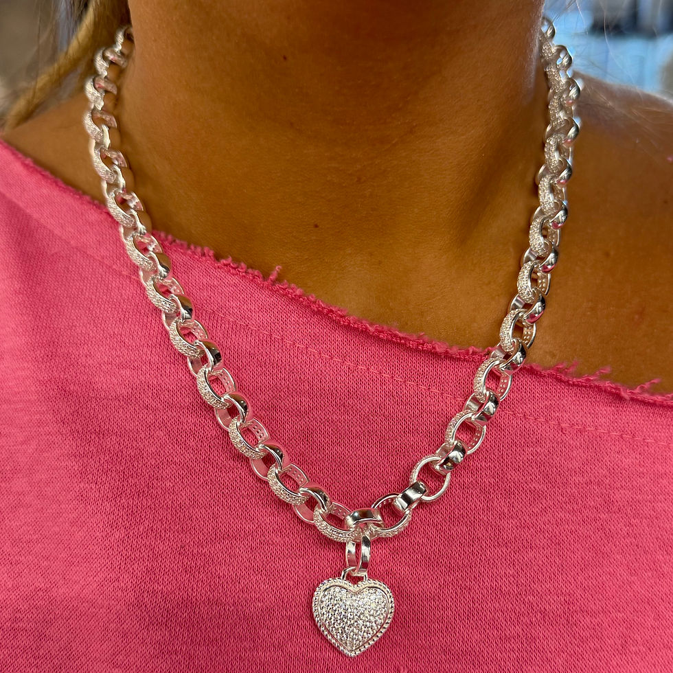 925 Sterling Silver Stone Set Heart Belcher Chain