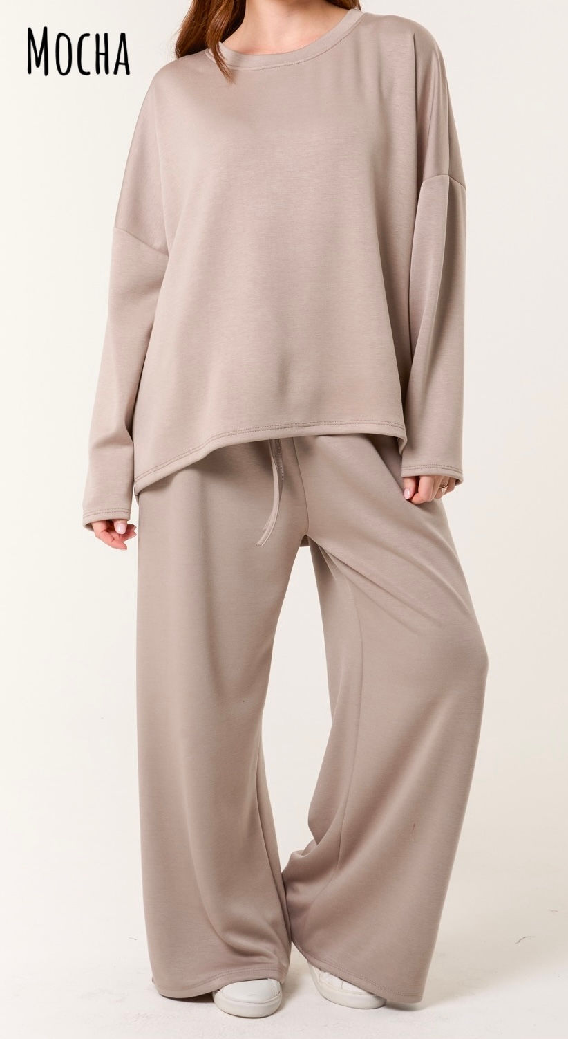Thumbnail: soft touch sweatshirt and wide leg trouser suit set made in Italy