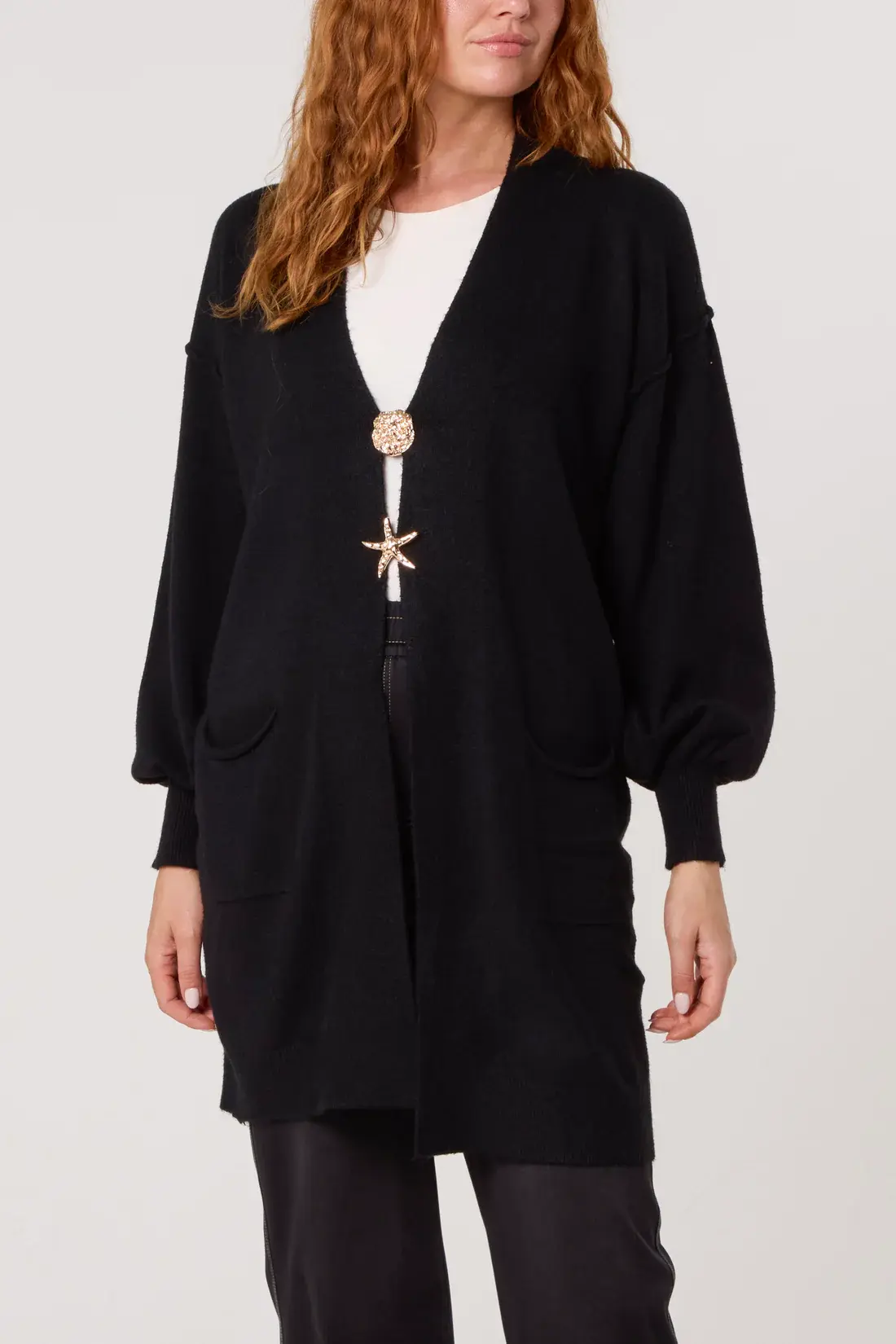 Longline brooch detail pocket cardigan