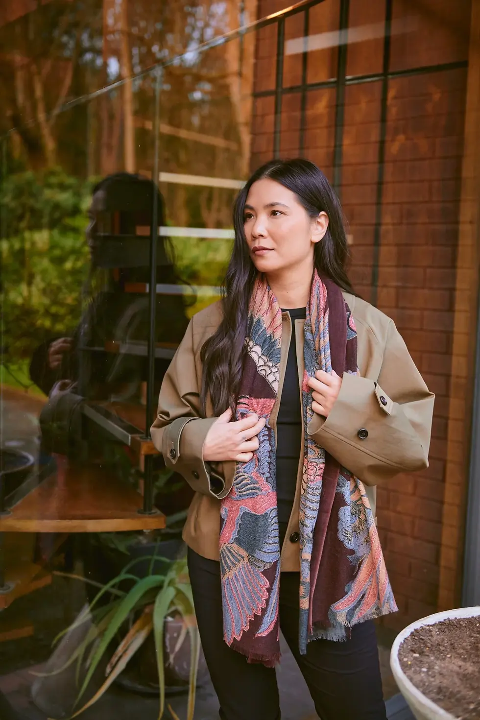Thumbnail: One Hundred Stars Crane Plum Wool Scarf