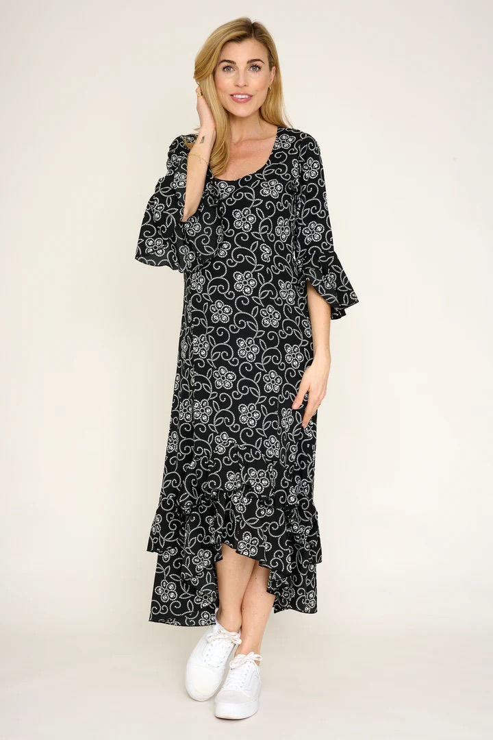 Thumbnail: At Last designer Victoria dress monochrome size UK 14 black frill sleeve hem