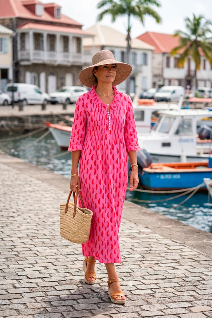 At Last Cotton Annabel Maxi Dress in Pink Chilli
