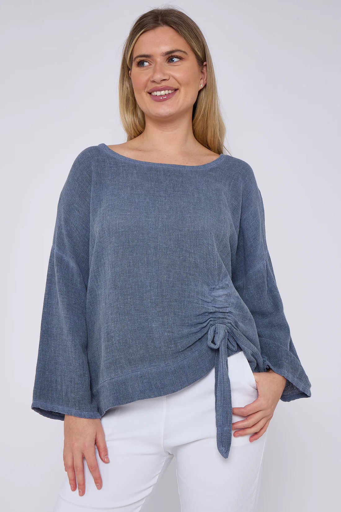 Teabag linen ruched tie front top